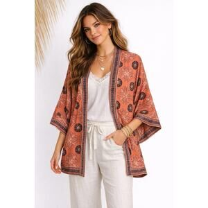 Max Studio Kimono Top Women Large Orange Medallion Boho Beach Resort Open Front
